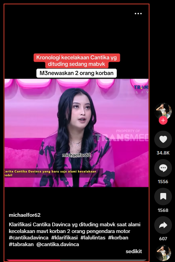 Cantika Davinca ungkap kondisi mobilnya pasca kecelakaan.